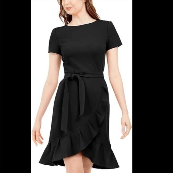 Calvin Klein Women's Stretch Knit Short Sleeve Black Glitter Faux Wrap Dress 4 - Picture 10 of 10